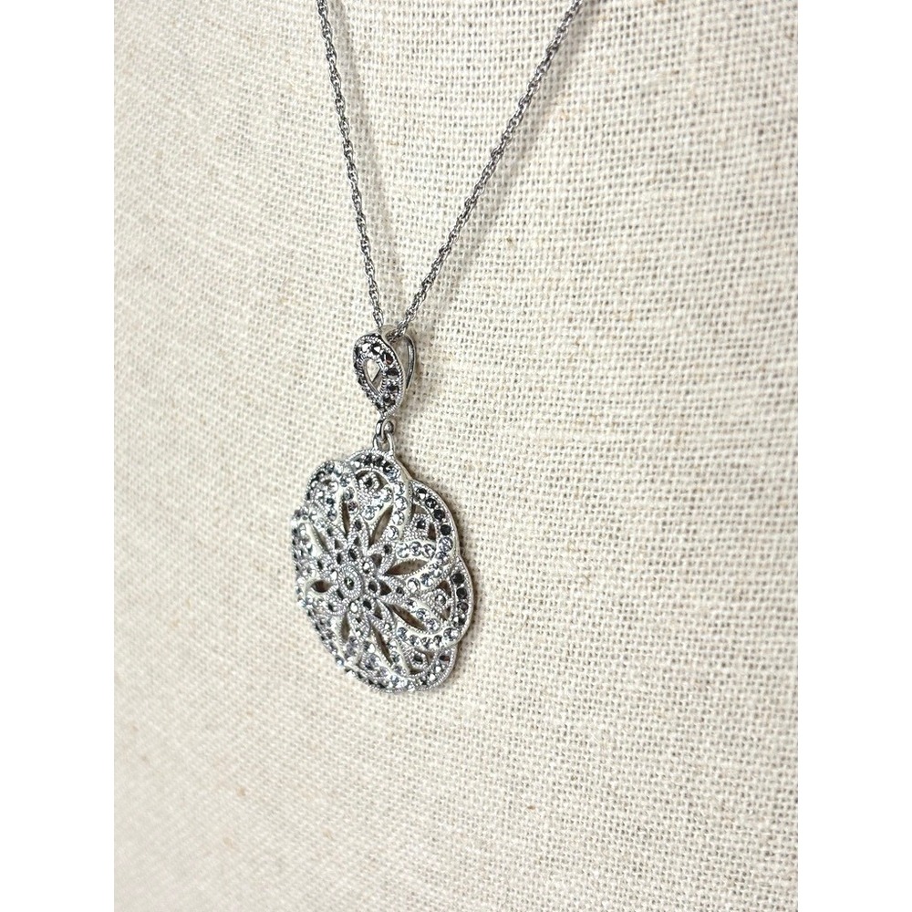 Crystaluxe Sterling Silver Marcasite Crystal Filigree Pendant‎ 18" Necklace NWT - Picture 3 of 11